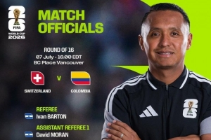 2026世界杯16强赛瑞士对阵哥伦比亚比赛裁判：萨尔瓦多籍裁判伊万·巴顿执裁