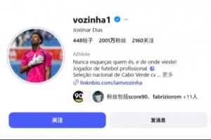 佛得角国门沃齐尼亚粉丝数激增400倍，世界杯前夕粉丝量已超2000万，此前仅5万